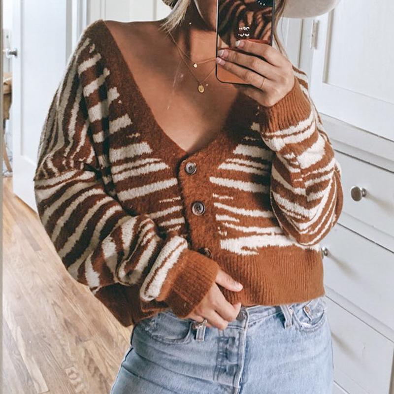 Brown Stripe Off-Shoulder Cardigan