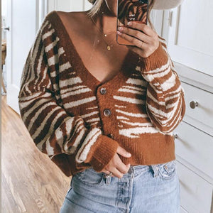 Brown Stripe Off-Shoulder Cardigan